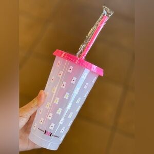 Dunkin donut pink bear cup with lid and straw